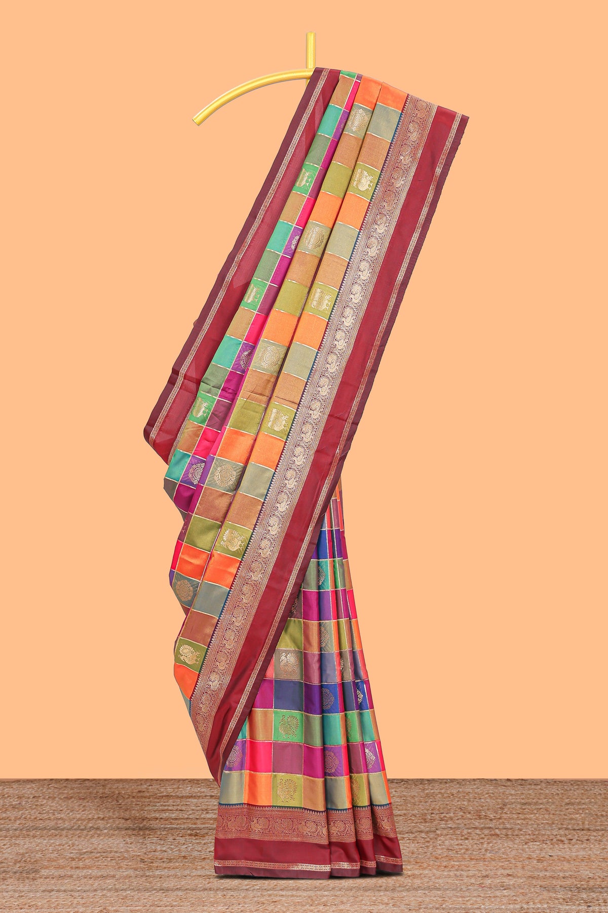 Multicolor checked floral motifs design kathan silk saree with contrast maroon border and zari motis blouse