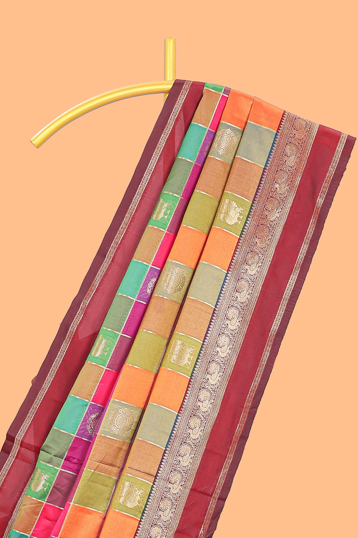 Multicolor checked floral motifs design kathan silk saree with contrast maroon border and zari motis blouse