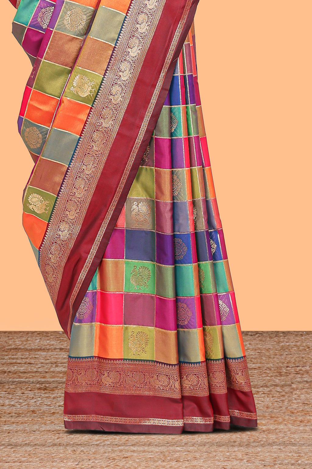 Multicolor checked floral motifs design kathan silk saree with contrast maroon border and zari motis blouse