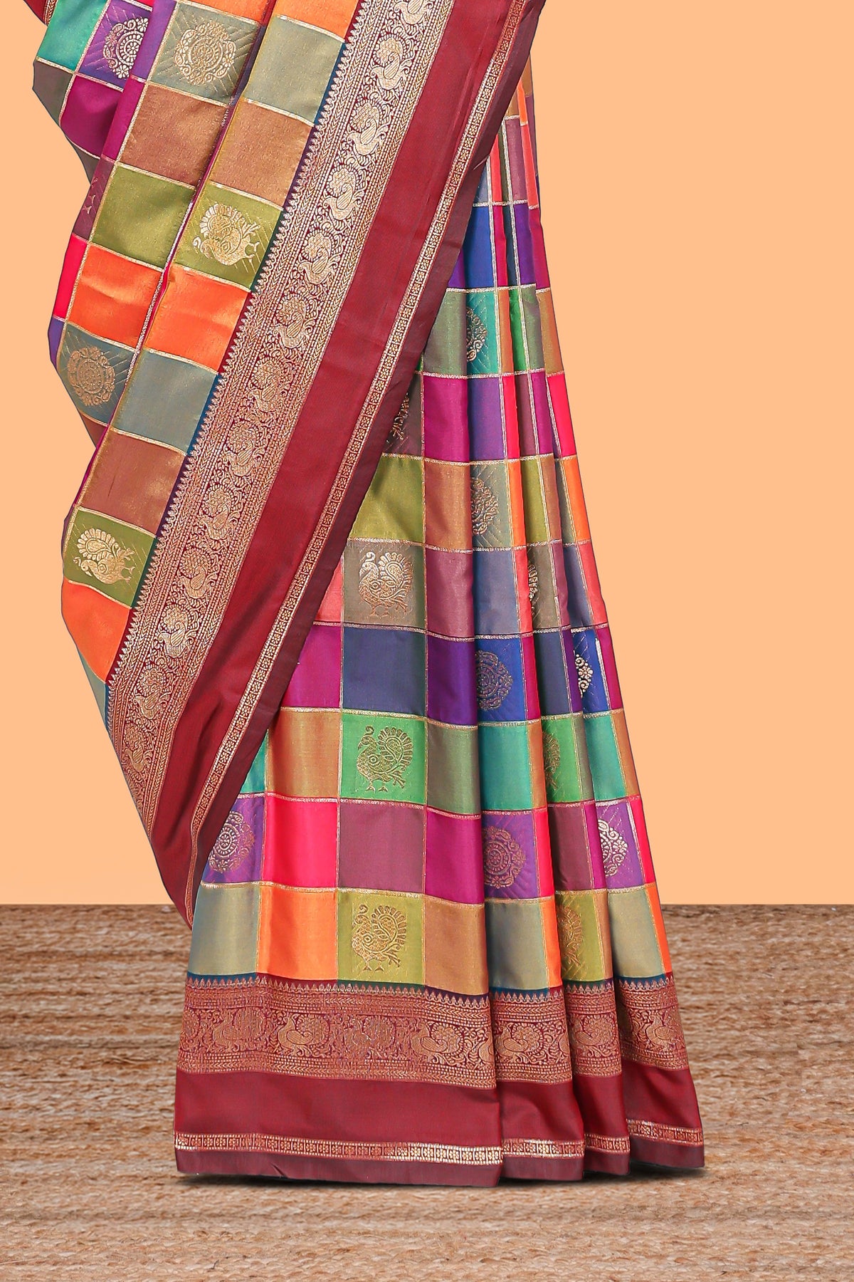 Multicolor checked floral motifs design kathan silk saree with contrast maroon border and zari motis blouse