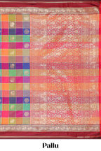Multicolor checked floral motifs design kathan silk saree with contrast maroon border and zari motis blouse