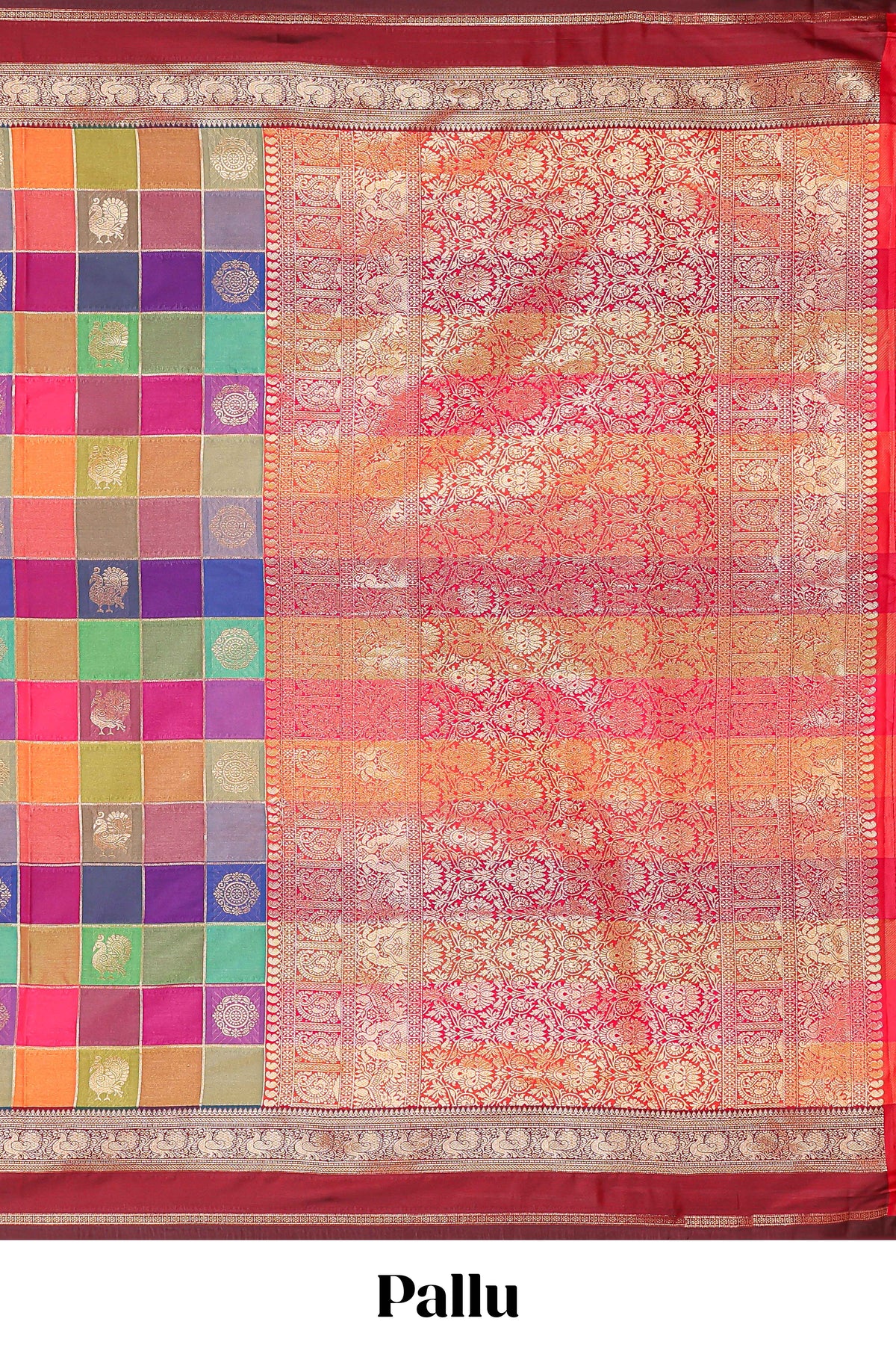 Multicolor checked floral motifs design kathan silk saree with contrast maroon border and zari motis blouse
