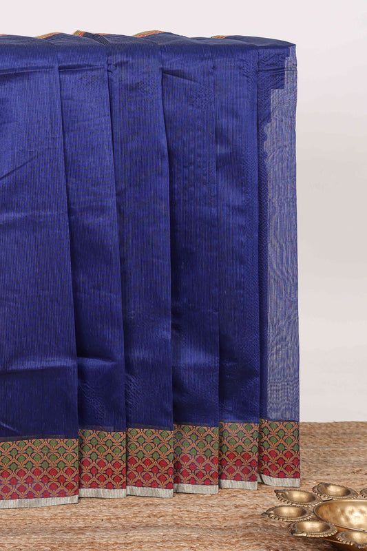 Blue plain kota cotton saree with contrast border and geometic floral design blouse