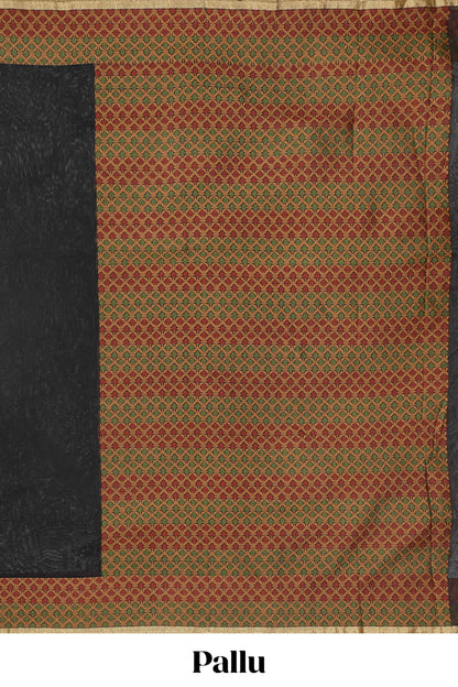 Black plain kota cotton saree with contrast border and geometic floral design blouse