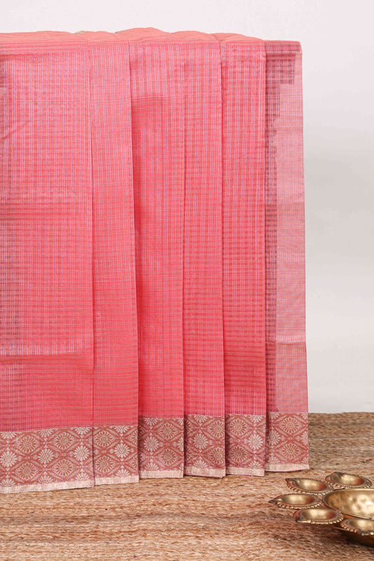 Pink checked kota cotton saree with contrast border and floral design blouse