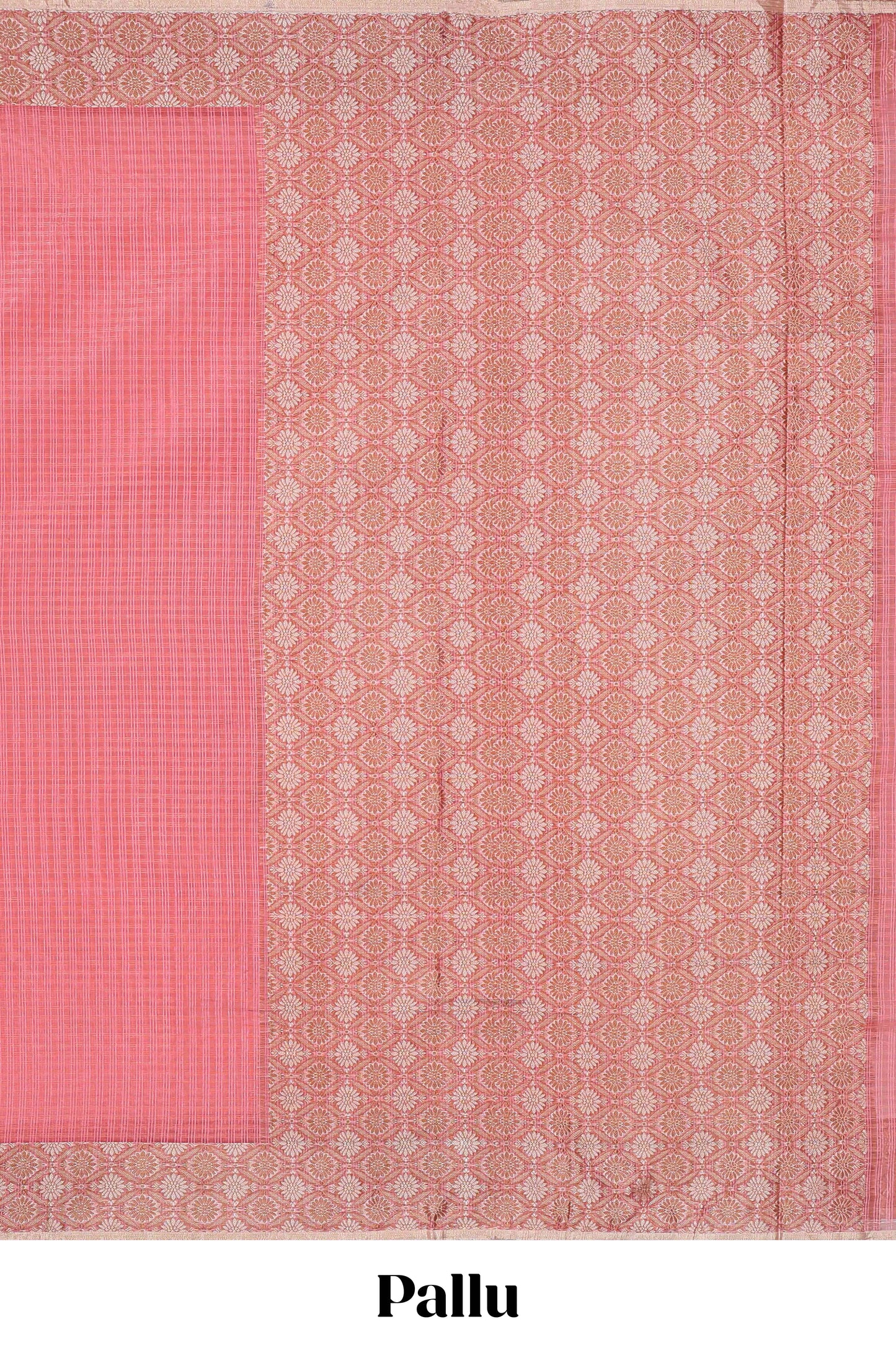 Pink checked kota cotton saree with contrast border and floral design blouse