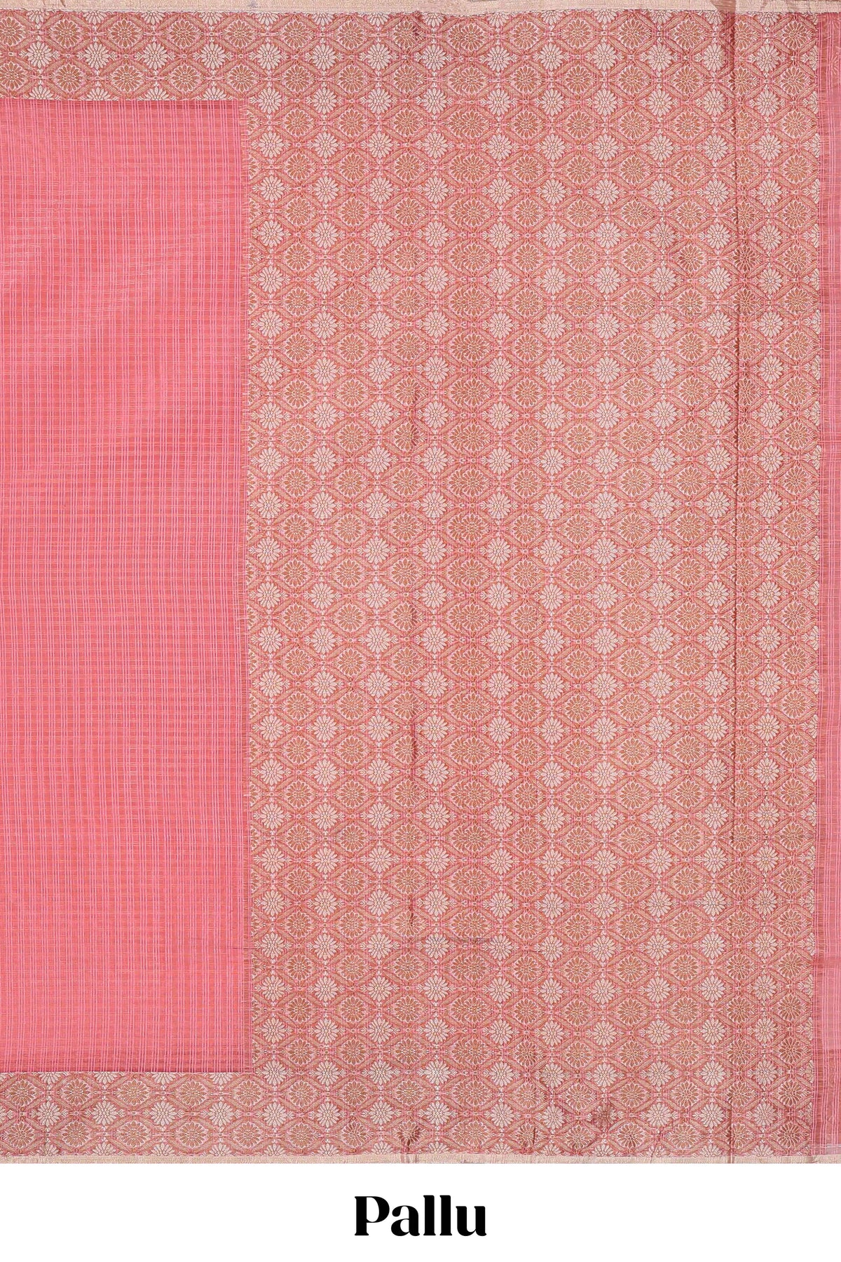Pink checked kota cotton saree with contrast border and floral design blouse