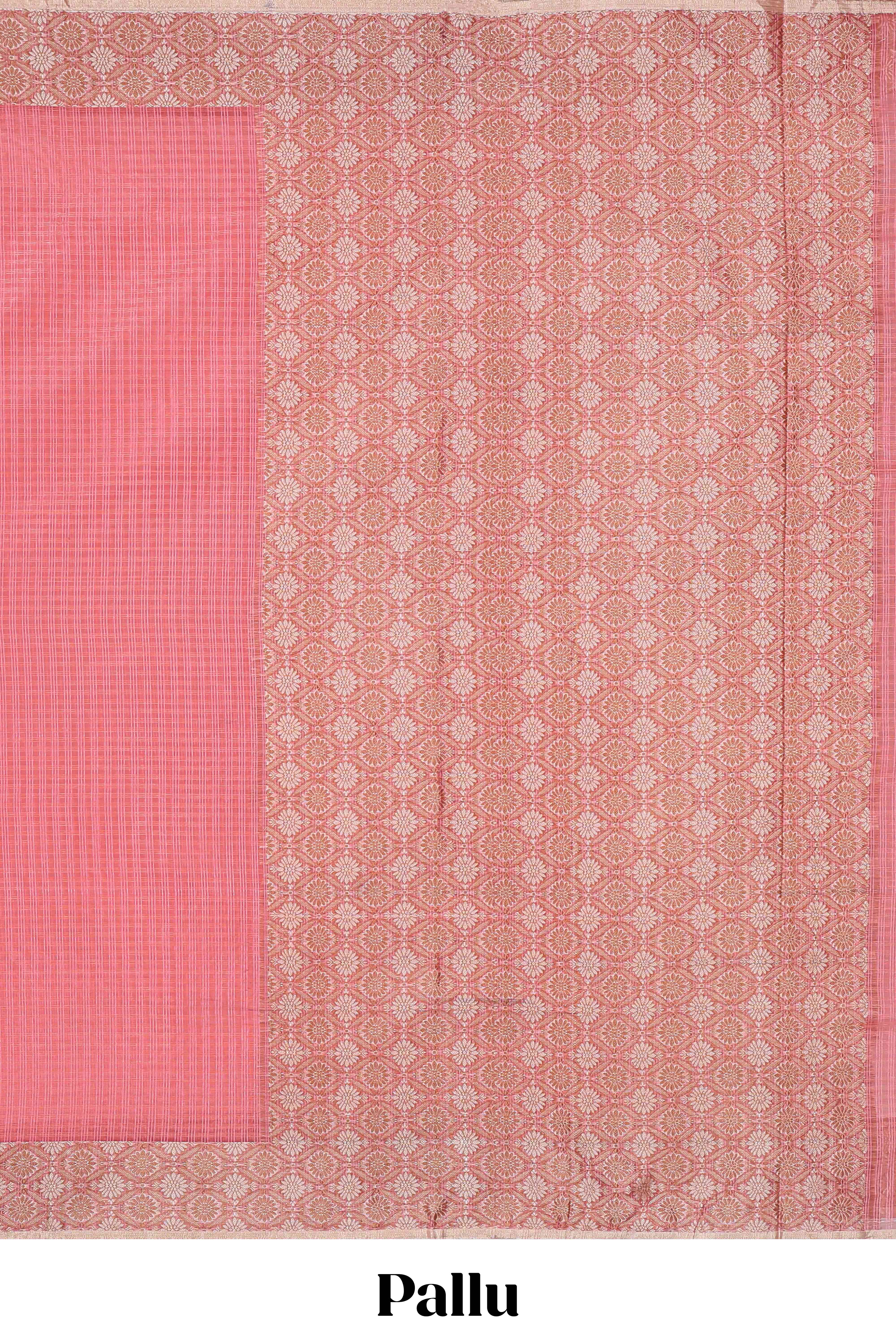 Pink checked kota cotton saree with contrast border and floral design blouse