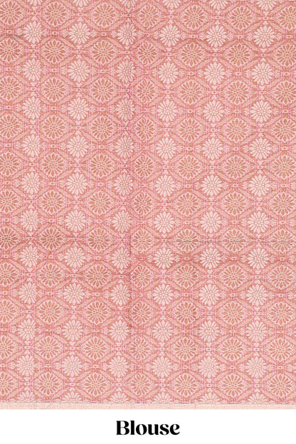Pink checked kota cotton saree with contrast border and floral design blouse