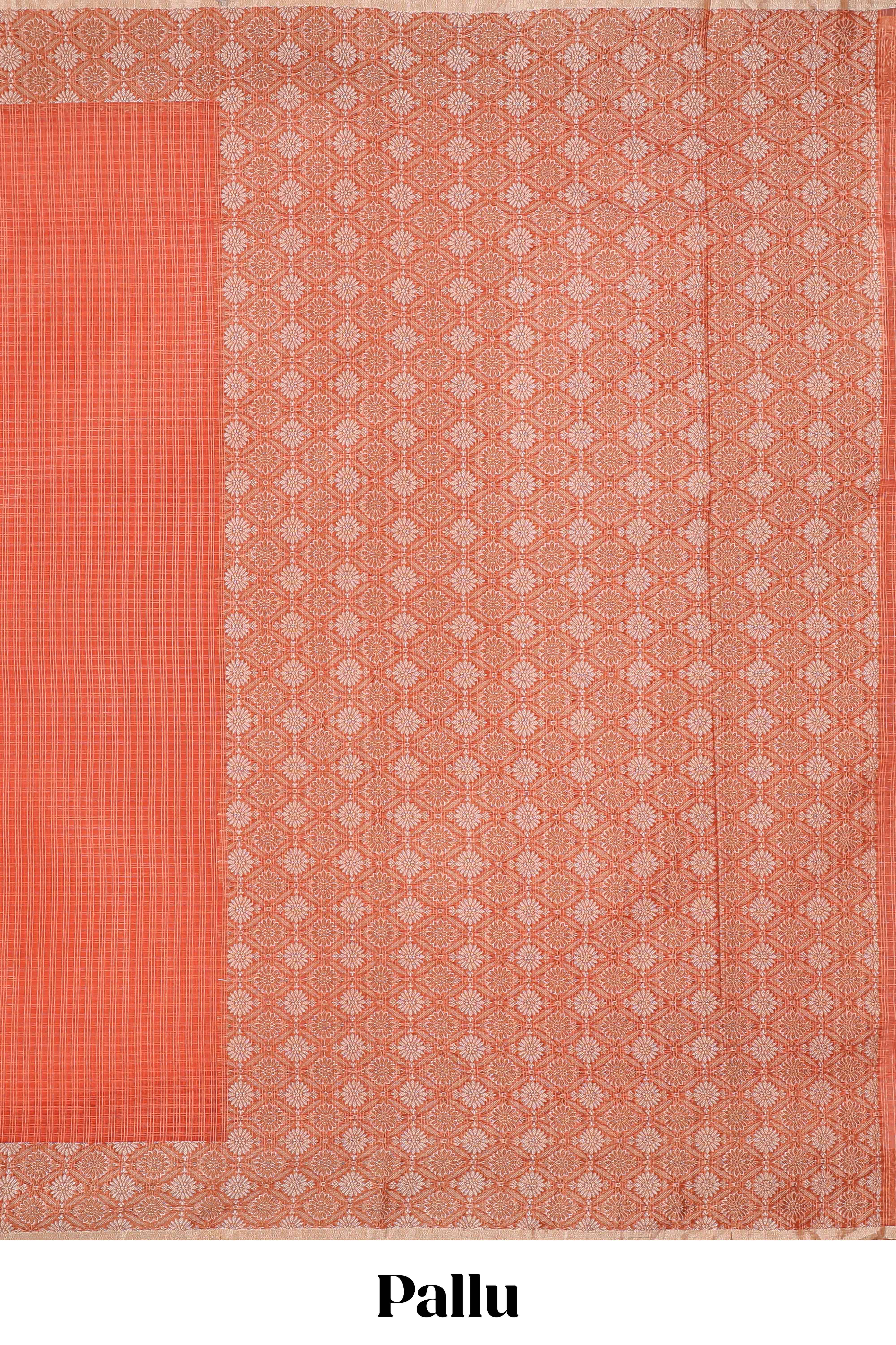Orange checked kota cotton saree with contrast border and floral design blouse