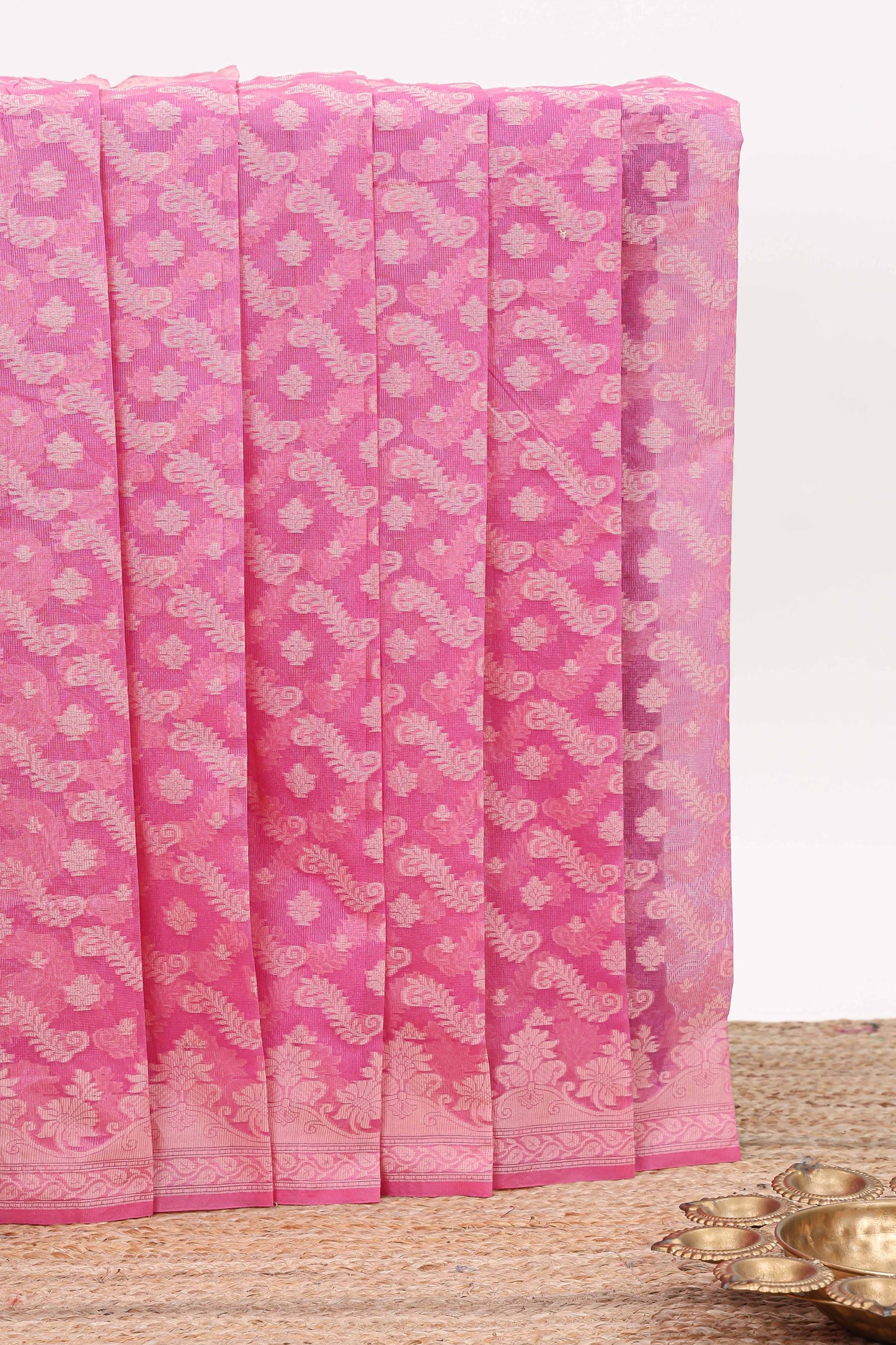 Pink leaf design kota cotton saree with self border and matching blouse