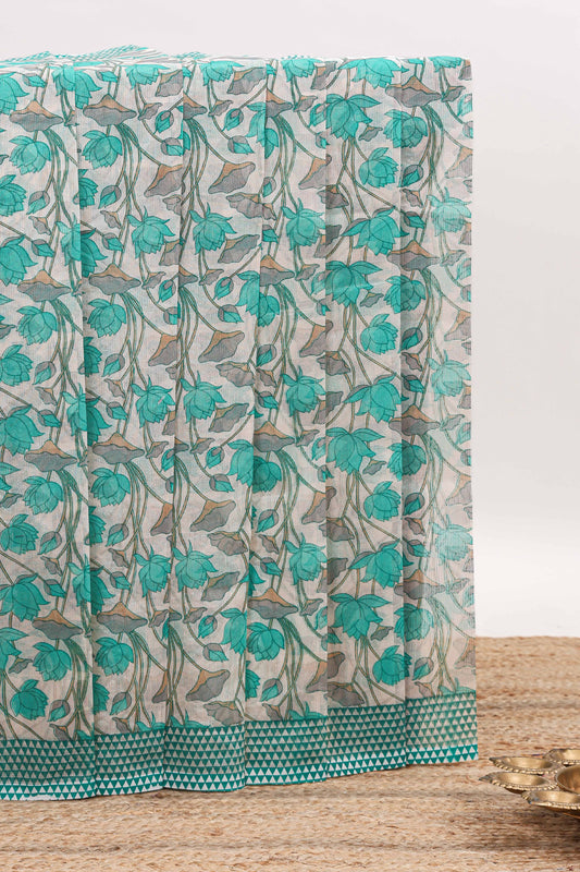 Cream floral design kota cotton saree with contrast border and geometric print blouse