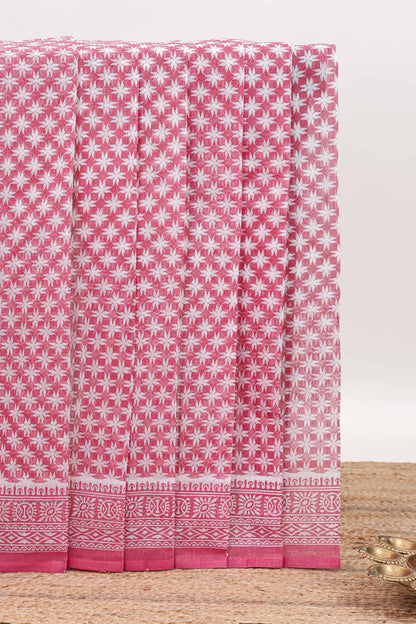 Pink floral design kota cotton saree with self border and contrast floral print blouse