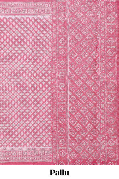 Pink floral design kota cotton saree with self border and contrast floral print blouse