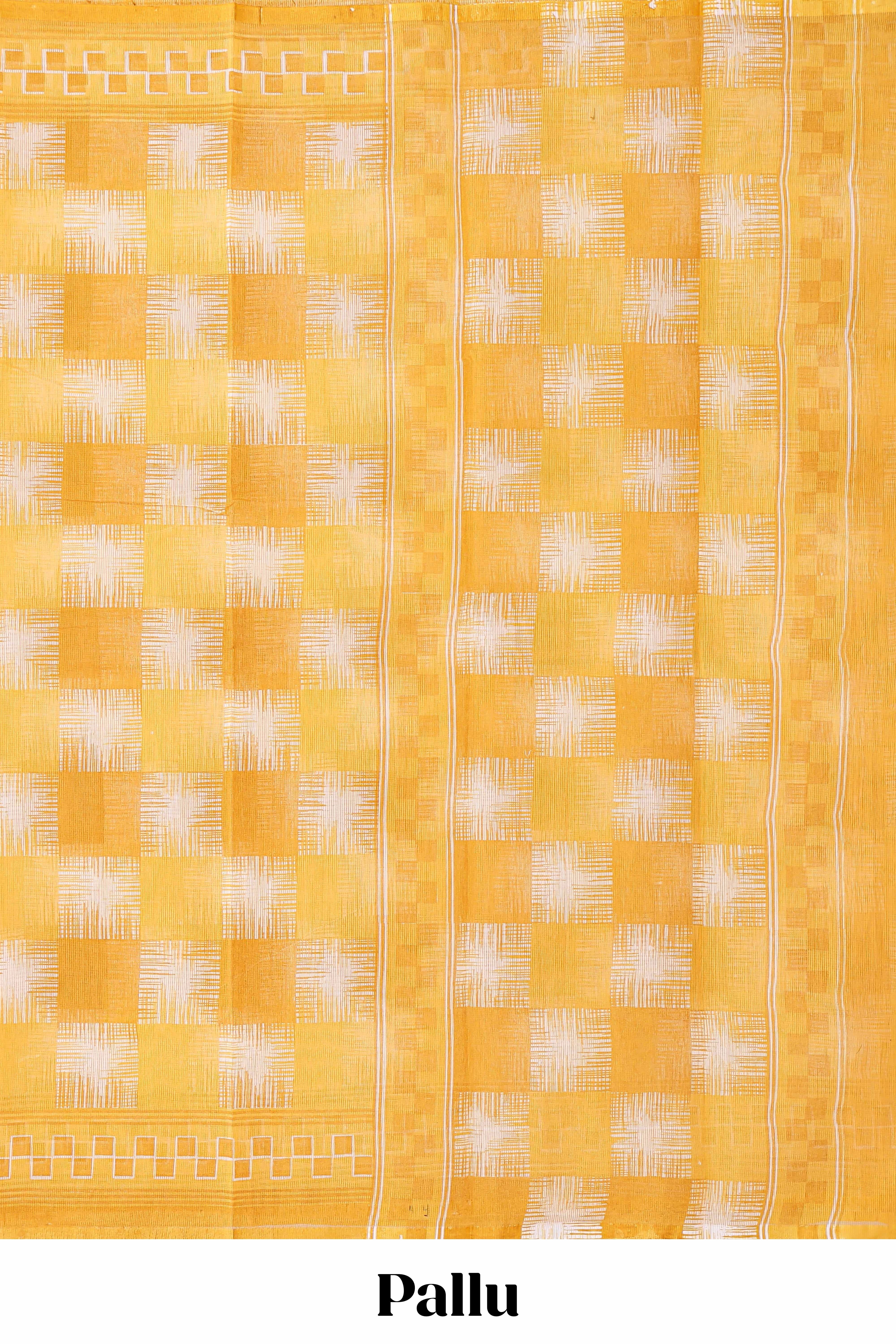 Yellow checked design kota cotton saree with self border and contrast floral print blouse