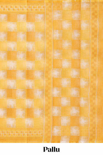 Yellow checked design kota cotton saree with self border and contrast floral print blouse
