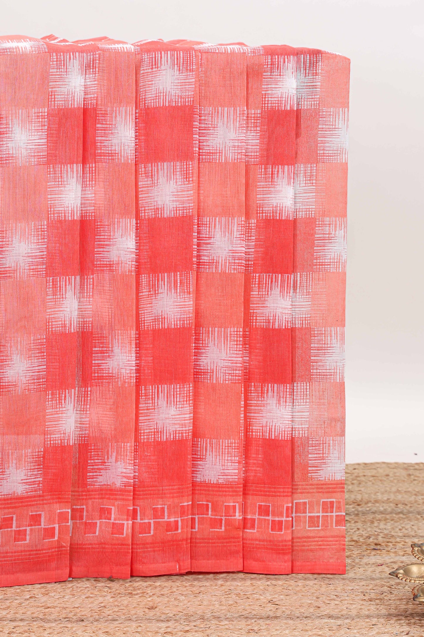Pink checked design kota cotton saree with self border and contrast floral print blouse