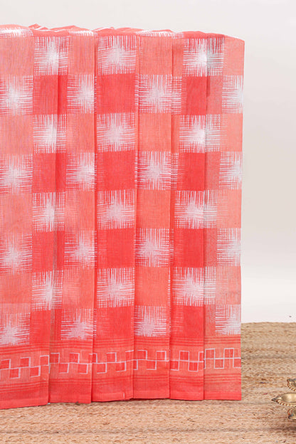 Pink checked design kota cotton saree with self border and contrast floral print blouse