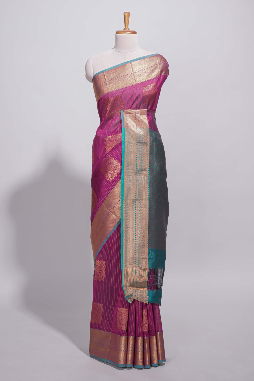 Rich Magenta Kota Cotton Saree With Gold Zari Floral Buttas, Teal Zari Border, Woven Zari Pallu And Contrast Blouse Piece