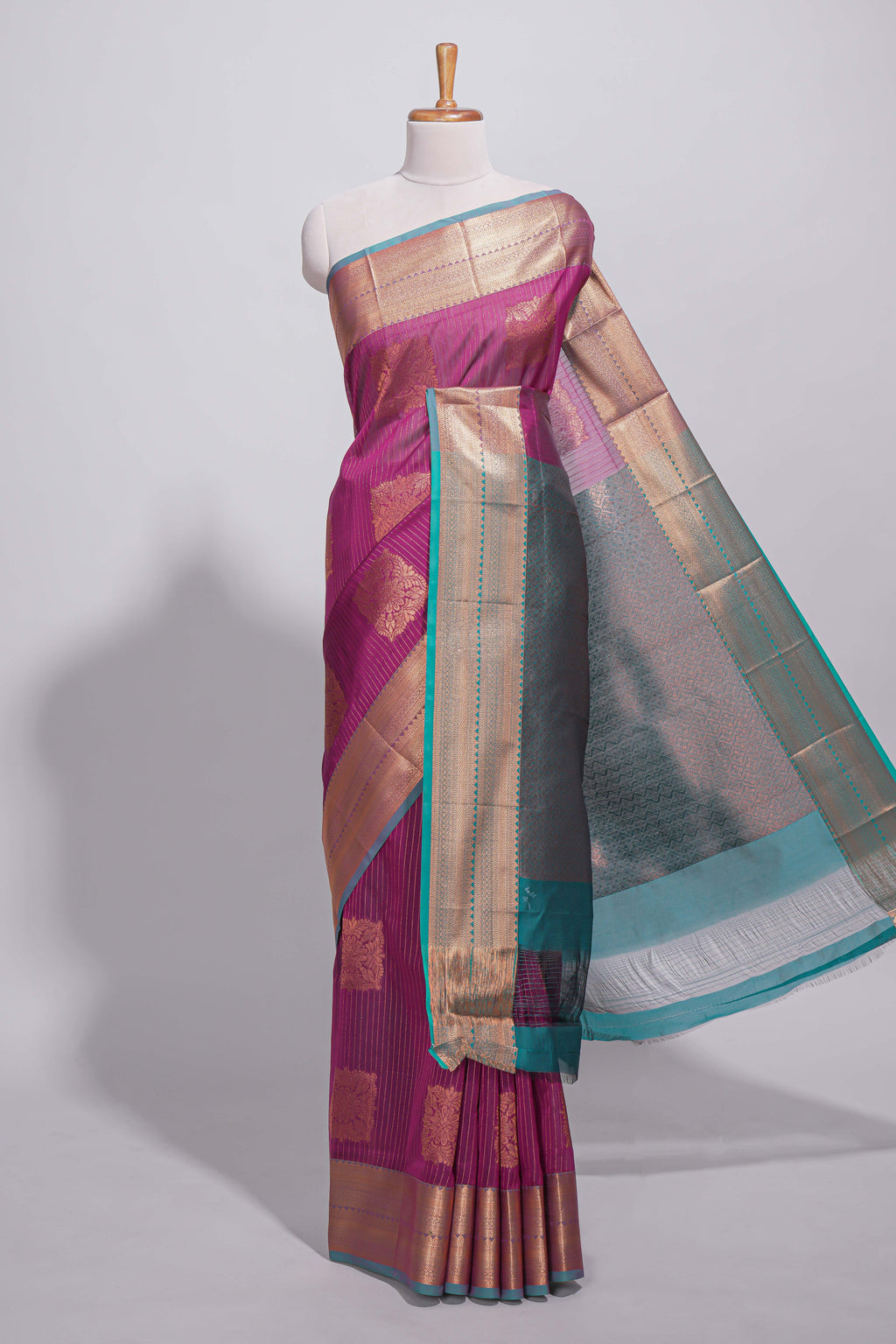 Rich Magenta Kota Cotton Saree With Gold Zari Floral Buttas, Teal Zari Border, Woven Zari Pallu And Contrast Blouse Piece