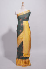 Deep bottle kotta cotton saree green with copper zari floral buttas a rich zari border and woven zari pallu with matching blouse piece