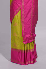 Green color kotta cotton saree with copper zari floral buttas a rich zari border and woven zari pallu with matching blouse piece