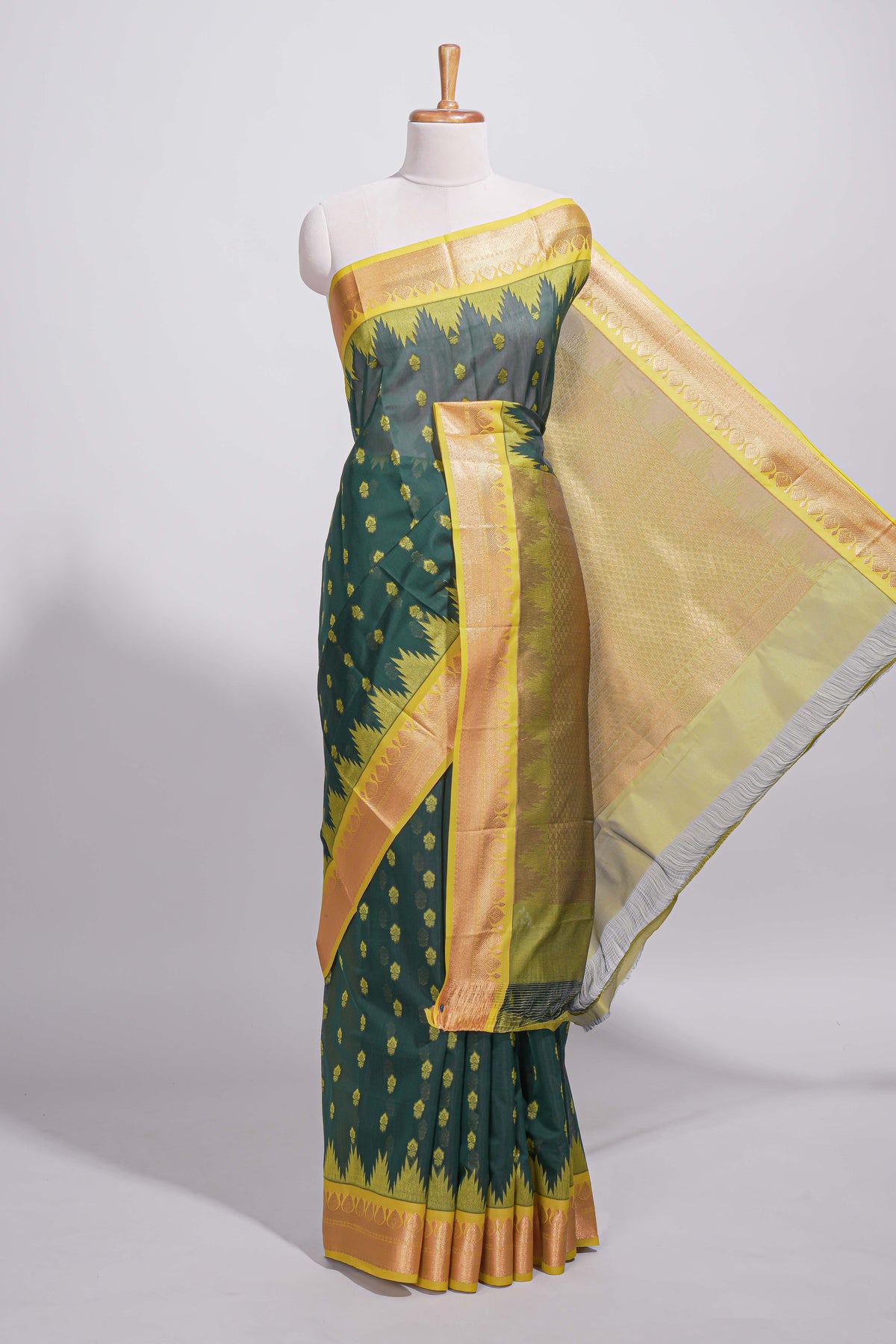 Dark Teal Green Kota Cotton Saree With Gold Zari Buttas, Temple Design Zari Border, Woven Zari Pallu And Matching Blouse Piece