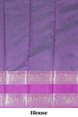 Rama green tussar saree with silver zari square buttas retta petta zari border and woven zari pallu with contrast blouse piece