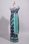 Navy blue tussar saree with silver zari square buttas retta petta zari border and woven zari pallu with contrast blouse piece