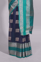 Navy Blue Kota Saree With Silver Zari Buttas, Zari Border, Woven Zari Pallu And Contrast Blouse Piece