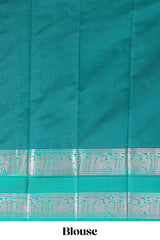 Navy blue tussar saree with silver zari square buttas retta petta zari border and woven zari pallu with contrast blouse piece