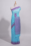 Sky blue Kotta cotton saree with woven buttas contrasting purple Ikat-inspired border and a geometric woven pallu with matching blouse
