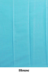 Sky blue Kotta cotton saree with woven buttas contrasting purple Ikat-inspired border and a geometric woven pallu with matching blouse