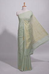 Pastel green Kotta saree with gold woven checks and buttawith rich gold zari woven pallu with matching blouse