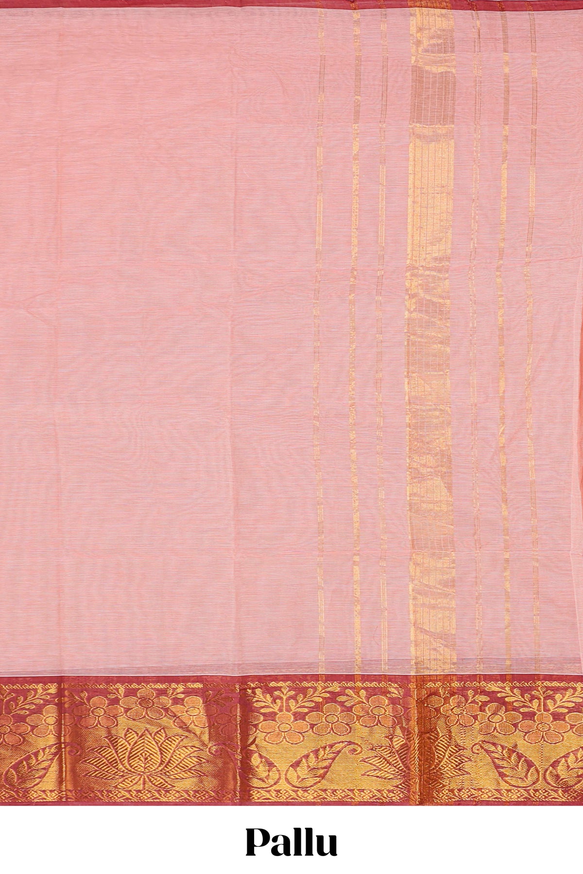 Peach plain kota saree with contrast zari border and self striped pallu