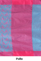 Blue checked floral design kota cotton saree with contrast border and striped blouse