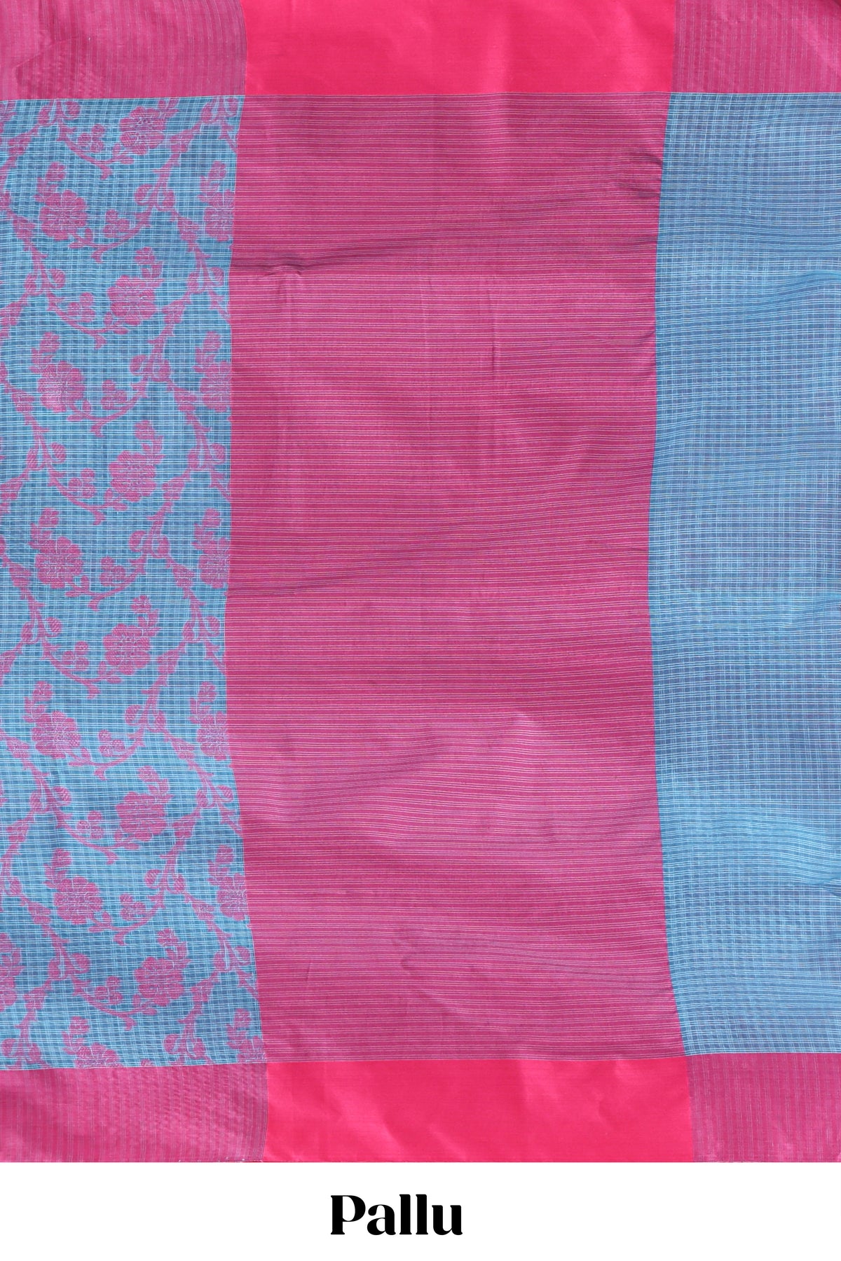 Blue checked floral design kota cotton saree with contrast border and striped blouse