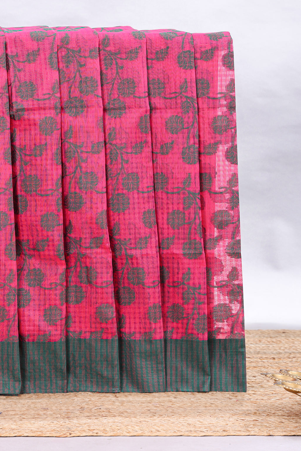 Pink checked floral design kota cotton saree with contrast border and striped blouse