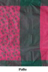 Pink checked floral design kota cotton saree with contrast border and striped blouse