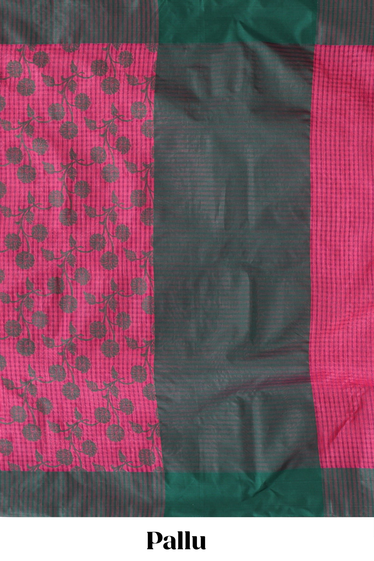 Pink checked floral design kota cotton saree with contrast border and striped blouse