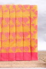 Yellow checked floral design kota cotton saree with contrast border and striped blouse