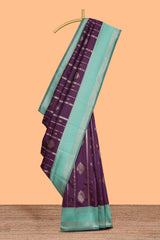 Purple striped zari motifs design kota cotton saree with contrast zari border and motifs blouse