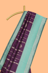 Purple striped zari motifs design kota cotton saree with contrast zari border and motifs blouse