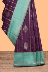 Purple striped zari motifs design kota cotton saree with contrast zari border and motifs blouse