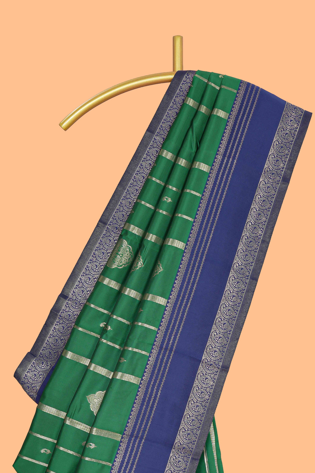 Green striped zari motifs design kota cotton saree with contrast zari border and motifs blouse