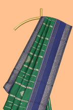 Green striped zari motifs design kota cotton saree with contrast zari border and motifs blouse