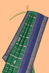 Green striped zari motifs design kota cotton saree with contrast zari border and motifs blouse