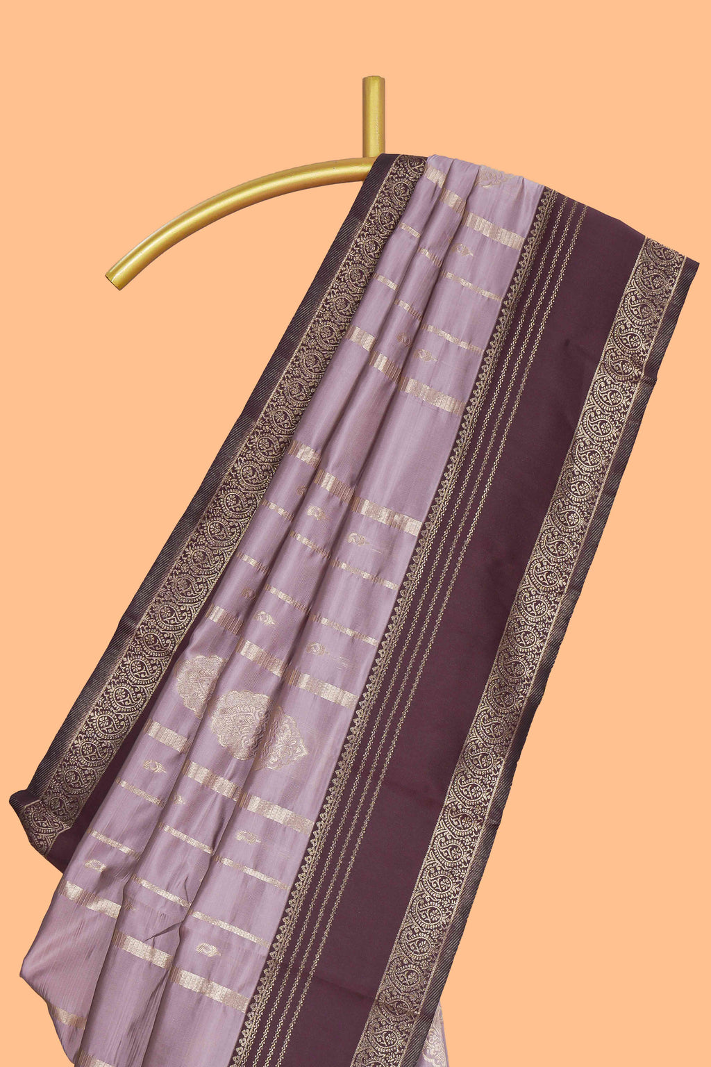 Lavender striped zari motifs design kota cotton saree with contrast zari border and motifs blouse