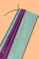 Purple striped zari motifs design kota cotton saree with contrast zari border and motifs blouse