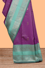 Purple striped zari motifs design kota cotton saree with contrast zari border and motifs blouse